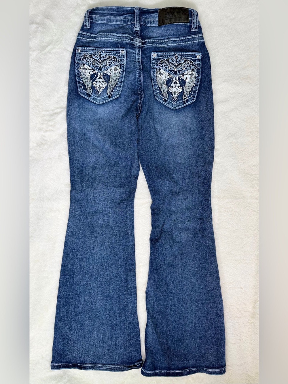 SKY Premium Collection Womens Jeans 5/6 Mid Rise Bootcut Stretch Embellished